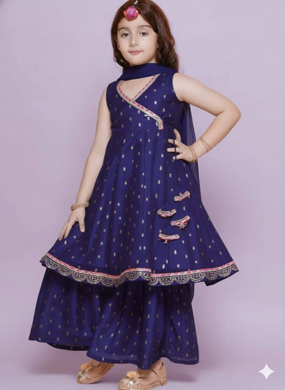 Premium Kids Chanderi Silk Kurta‑Sharara‑Dupatta Set – Printed Design with Chinnon Dupatta