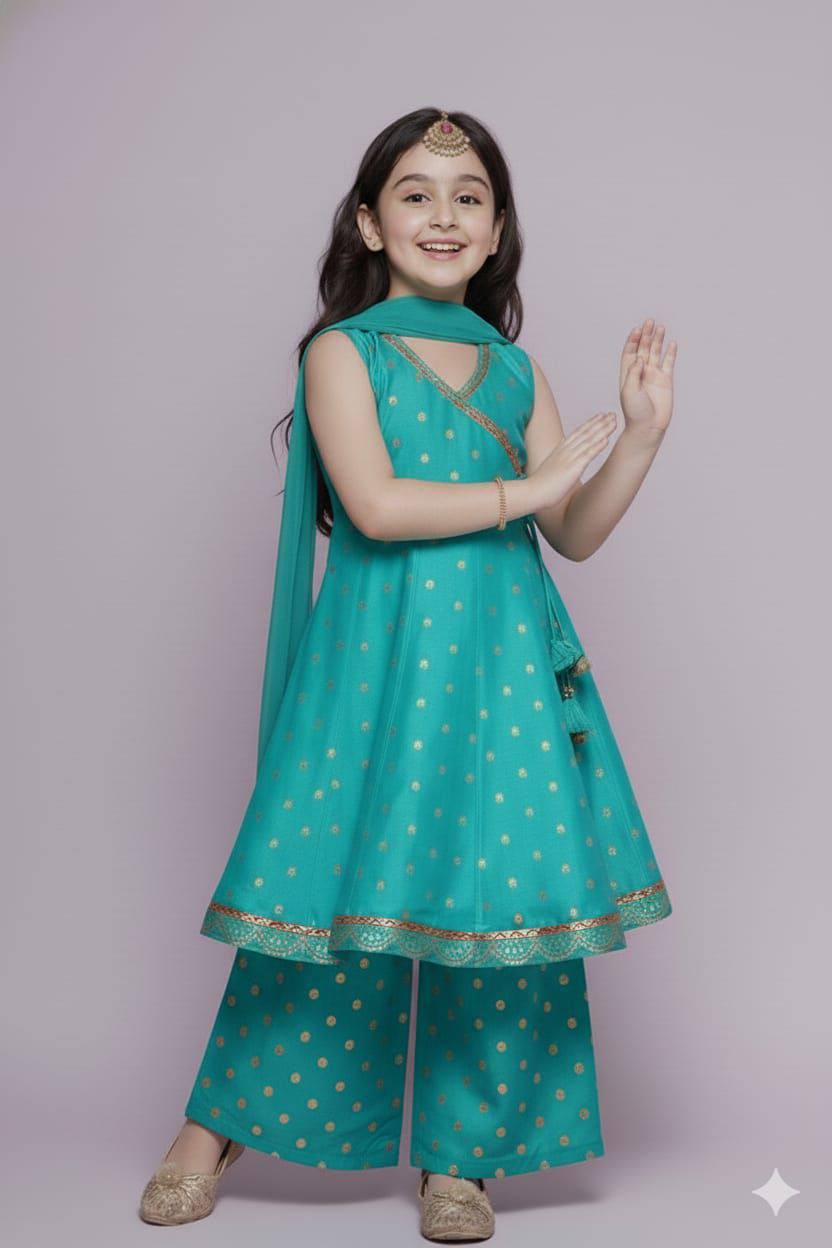 Premium Kids Chanderi Silk Kurta‑Sharara‑Dupatta Set – Printed Design with Chinnon Dupatta