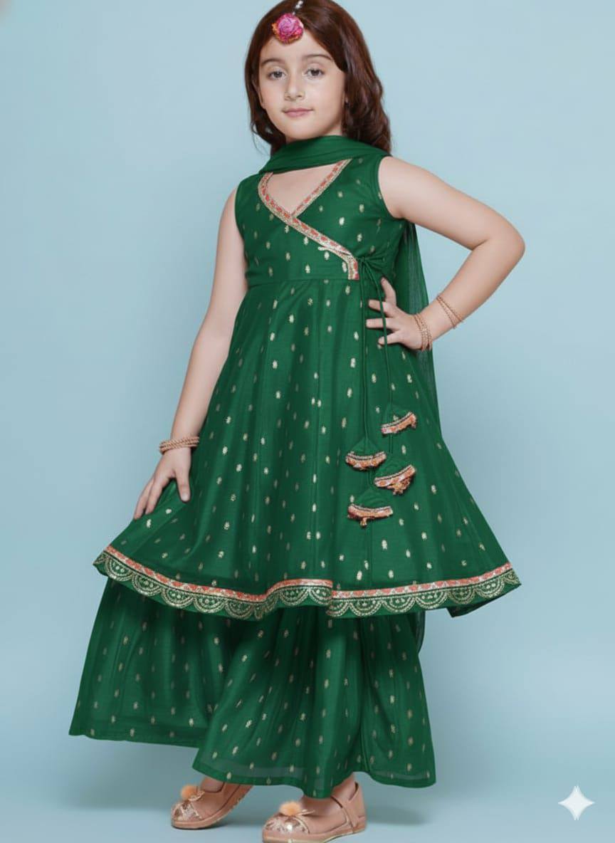 Premium Kids Chanderi Silk Kurta‑Sharara‑Dupatta Set – Printed Design with Chinnon Dupatta