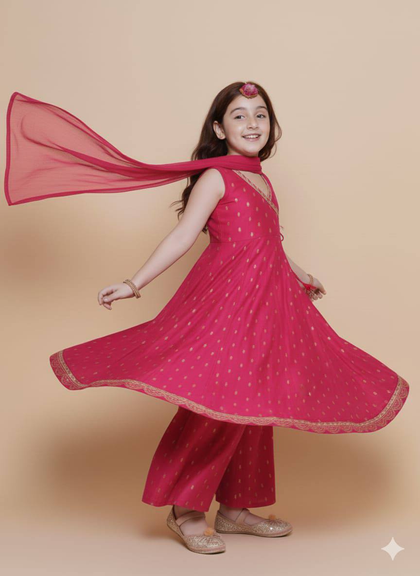 Premium Kids Chanderi Silk Kurta‑Sharara‑Dupatta Set – Printed Design with Chinnon Dupatta