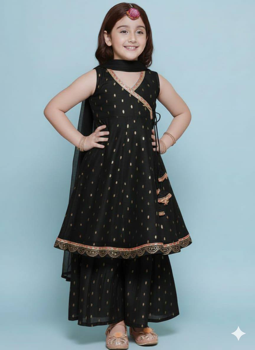 Premium Kids Chanderi Silk Kurta‑Sharara‑Dupatta Set – Printed Design with Chinnon Dupatta