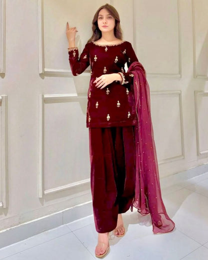 Designer Wear Heavy Viscose Velvet Top with Heavy Work Palazzo Set