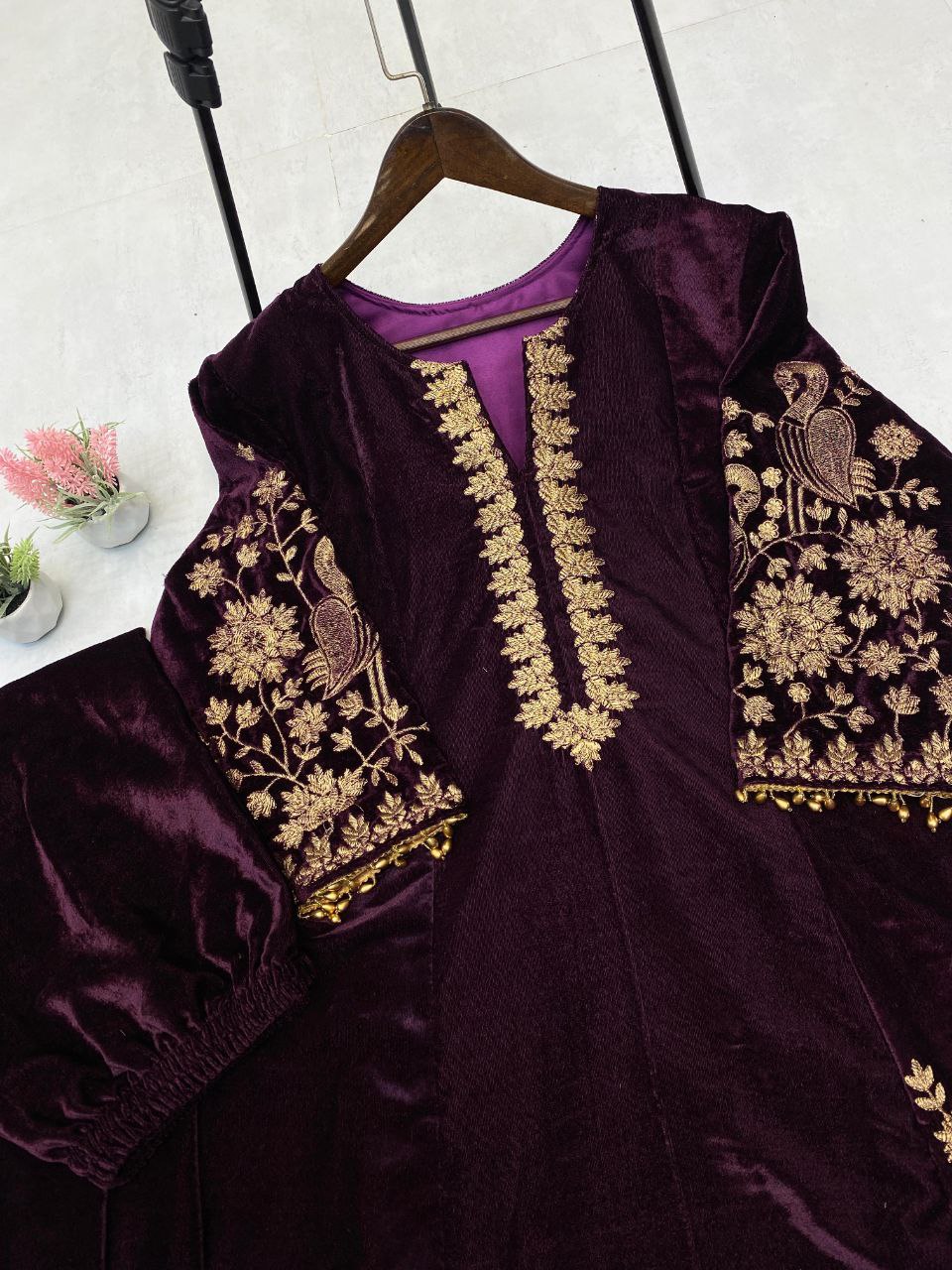 Make Your Winter Functions Unforgettable with Our Velvet Embroidery Work Kali Top with Pant Set!