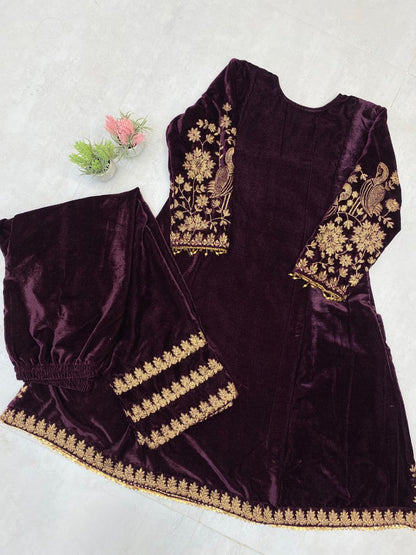 Make Your Winter Functions Unforgettable with Our Velvet Embroidery Work Kali Top with Pant Set!