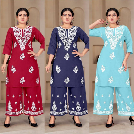 Premium Heavy Rayon Kurti‑Pant Set – Embroidery Work for Office & Regular Wear