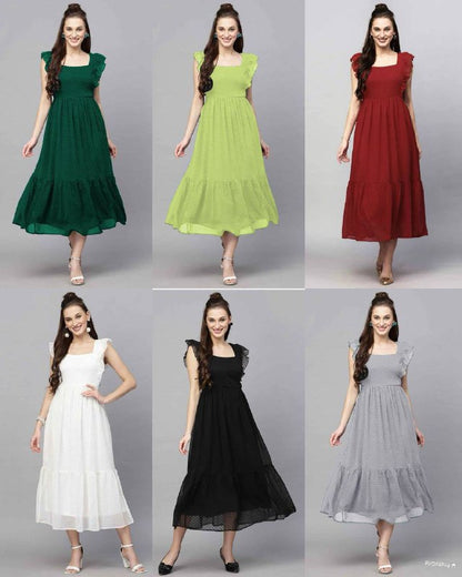 Premium Georgette Butti Gown – Frill Sleeves with Inner Lining