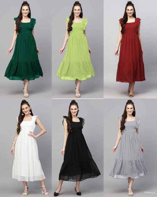 Premium Georgette Butti Gown – Frill Sleeves with Inner Lining