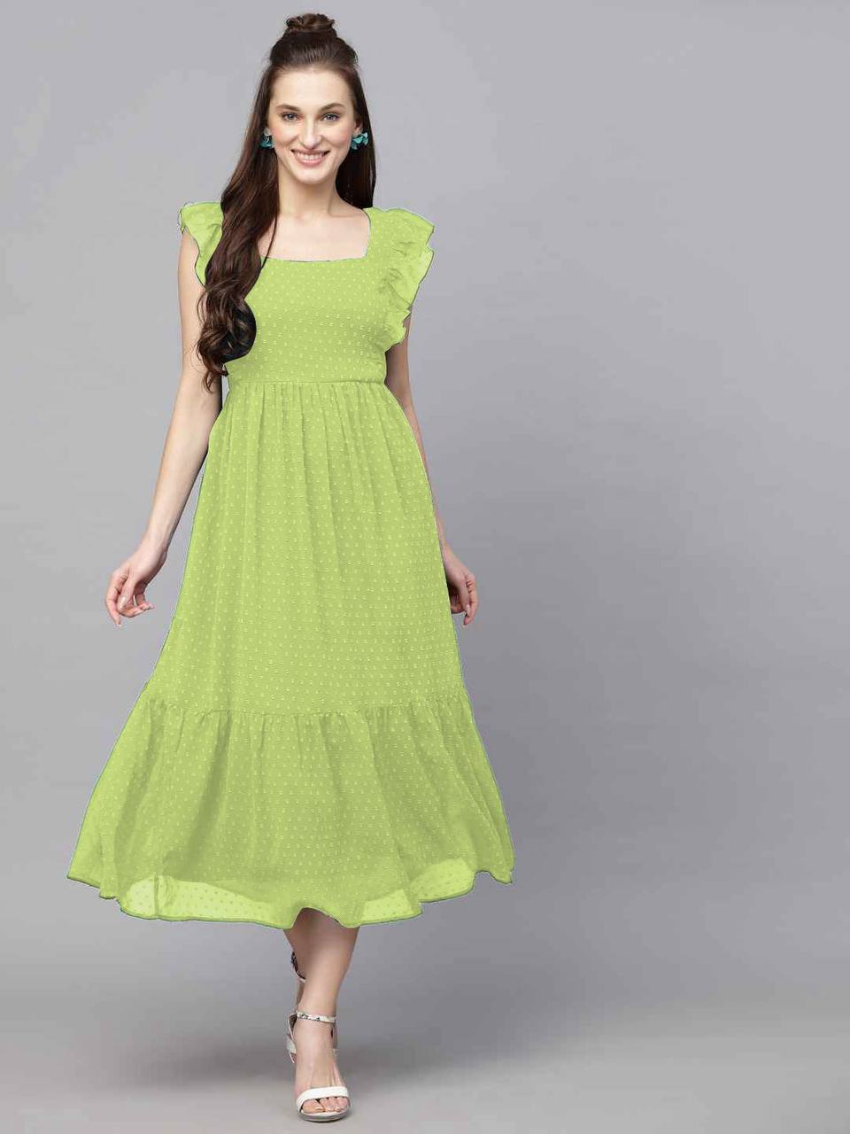 Premium Georgette Butti Gown – Frill Sleeves with Inner Lining