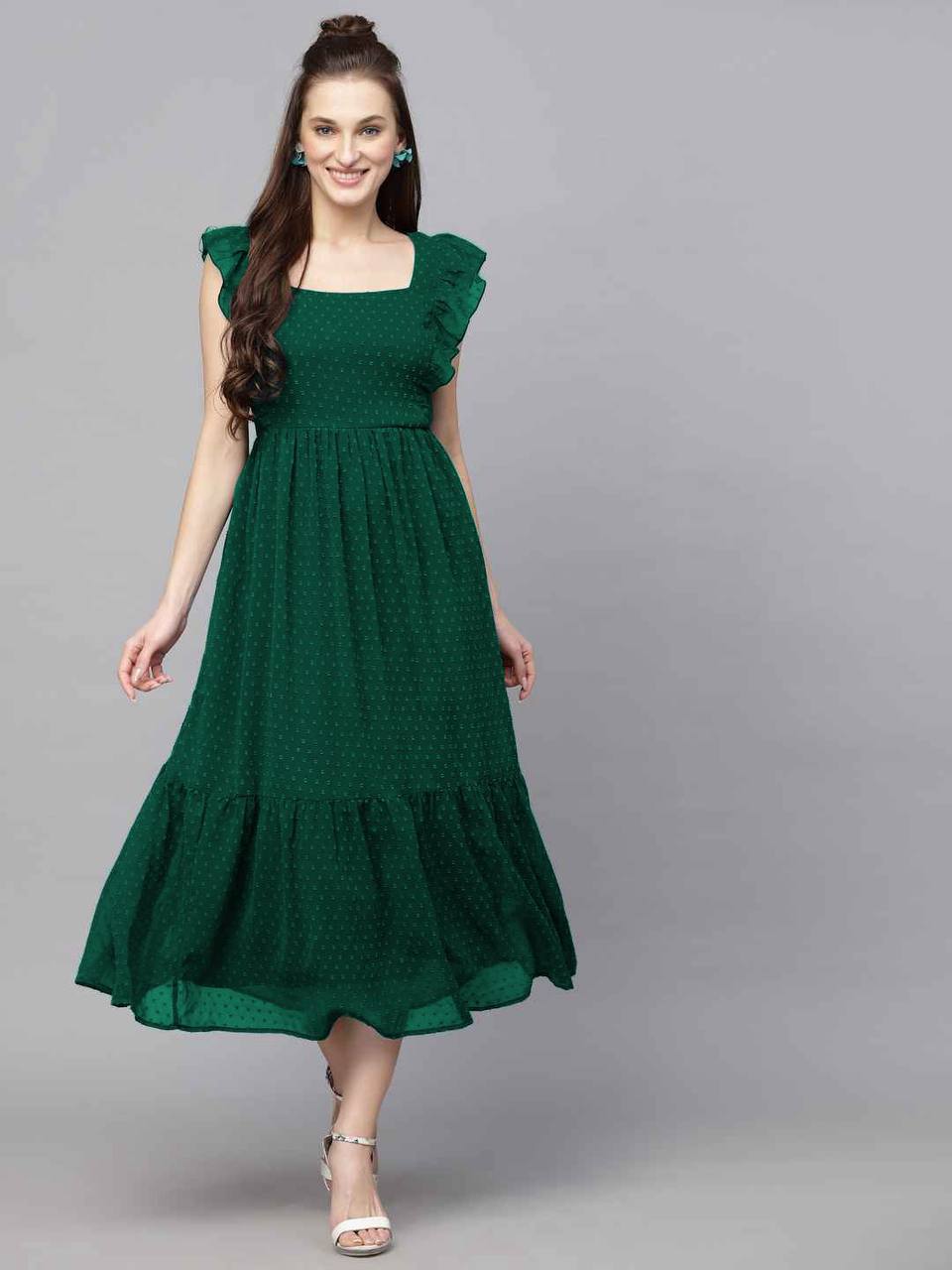 Premium Georgette Butti Gown – Frill Sleeves with Inner Lining