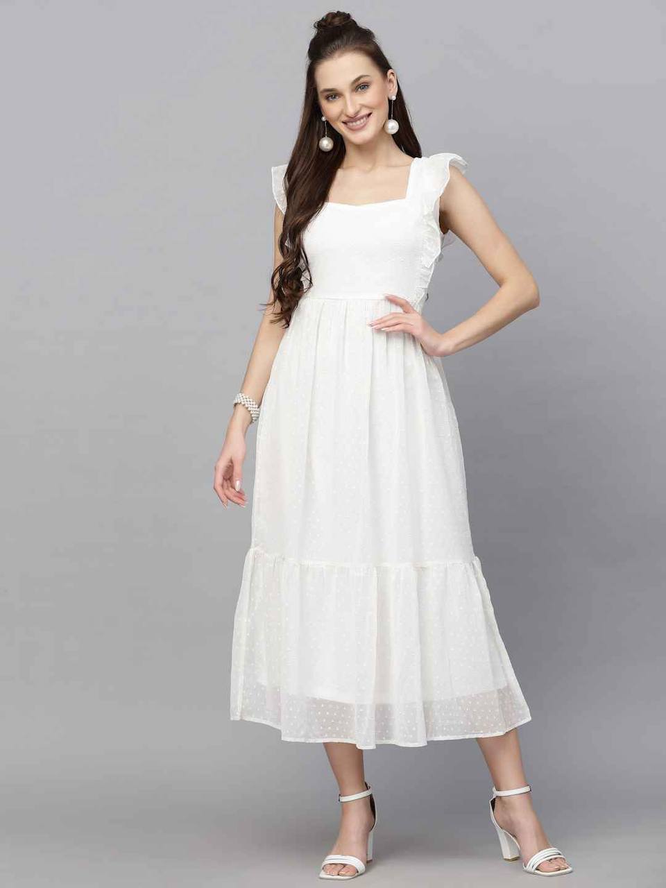 Premium Georgette Butti Gown – Frill Sleeves with Inner Lining