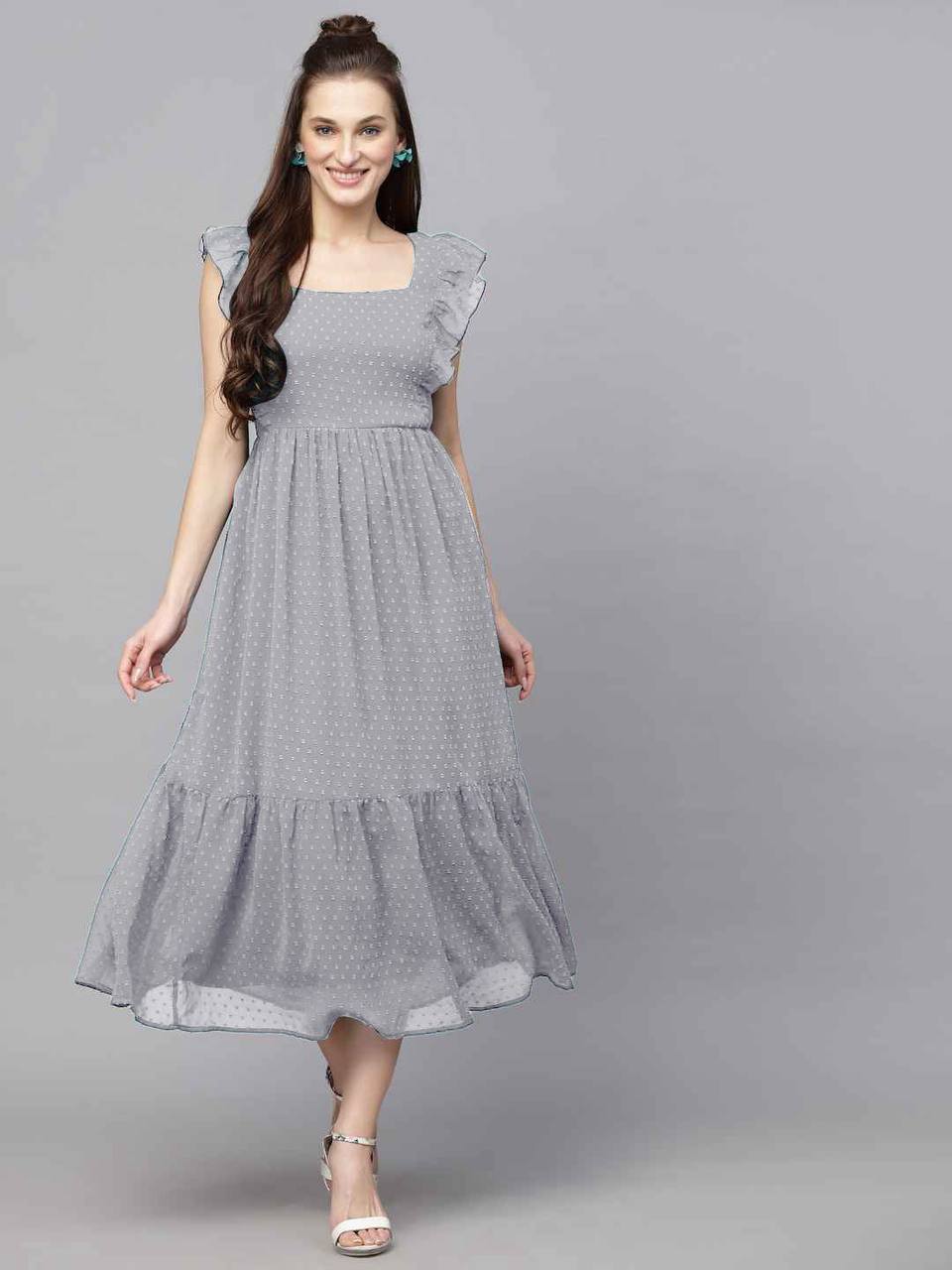 Premium Georgette Butti Gown – Frill Sleeves with Inner Lining