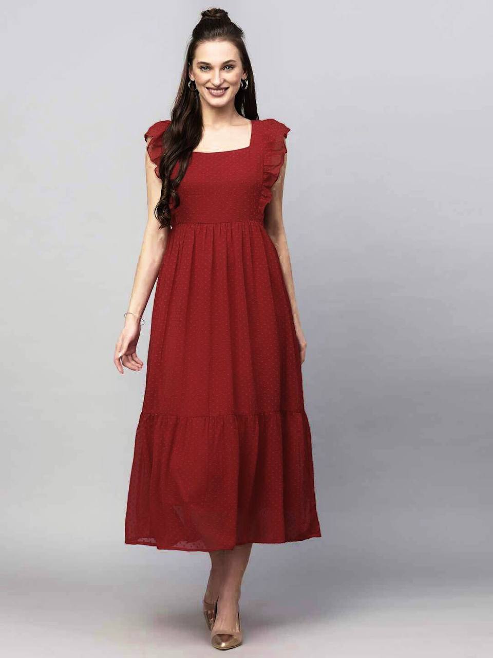 Premium Georgette Butti Gown – Frill Sleeves with Inner Lining