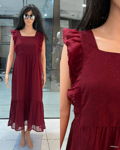 Premium Georgette Butti Gown – Frill Sleeves with Inner Lining