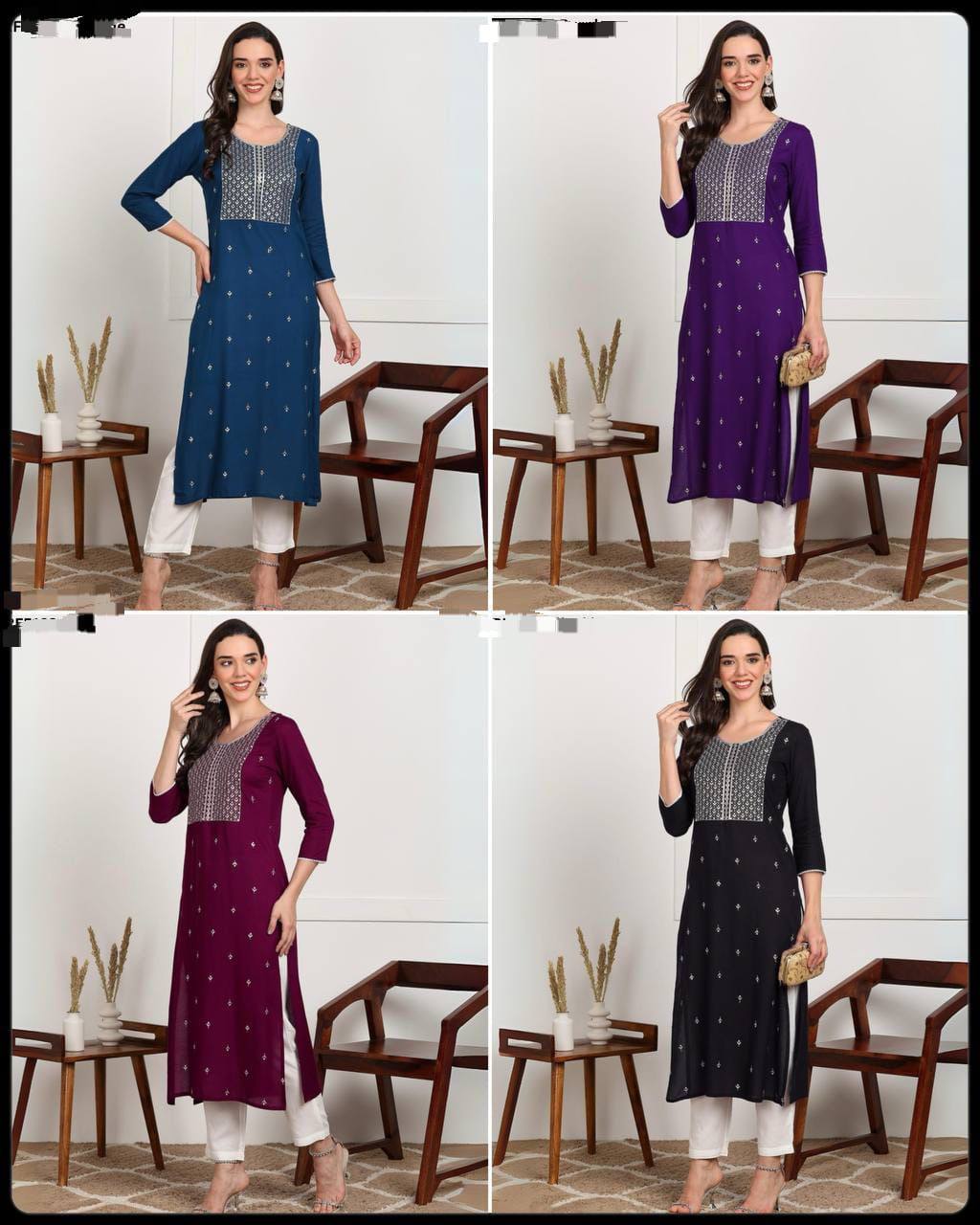 Premium Rayon Kurti‑Pant Set – Embroidery Work with Cotton Bottom