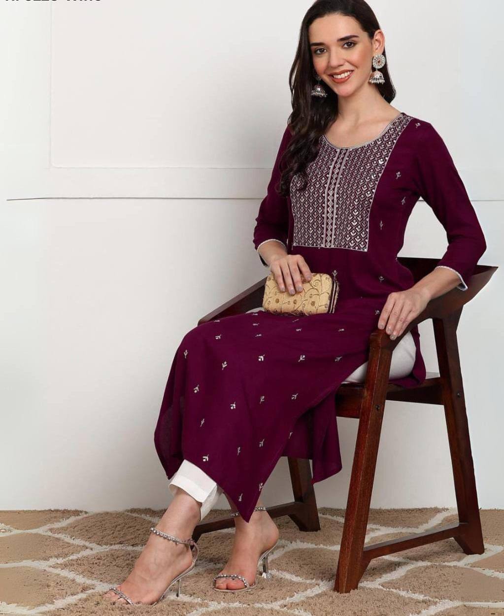 Premium Rayon Kurti‑Pant Set – Embroidery Work with Cotton Bottom