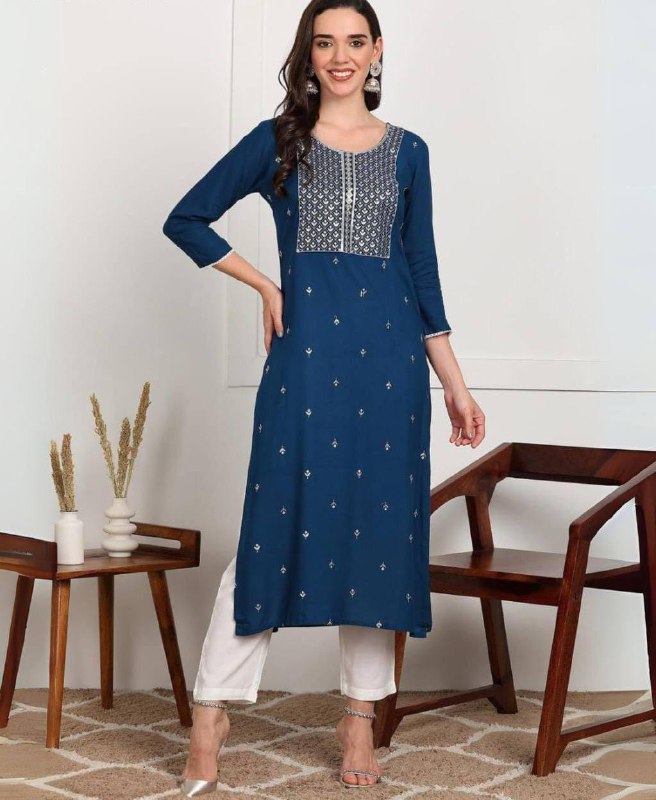 Premium Rayon Kurti‑Pant Set – Embroidery Work with Cotton Bottom
