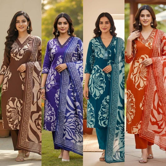 Premium Slub Cotton Kurti‑Pant‑Dupatta Set – Mirror Embroidery Neck