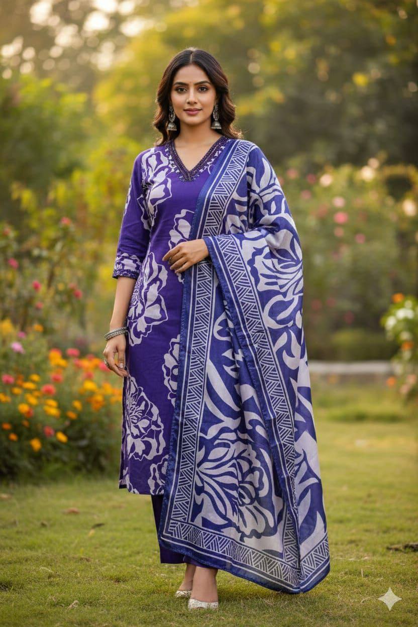 Premium Slub Cotton Kurti‑Pant‑Dupatta Set – Mirror Embroidery Neck