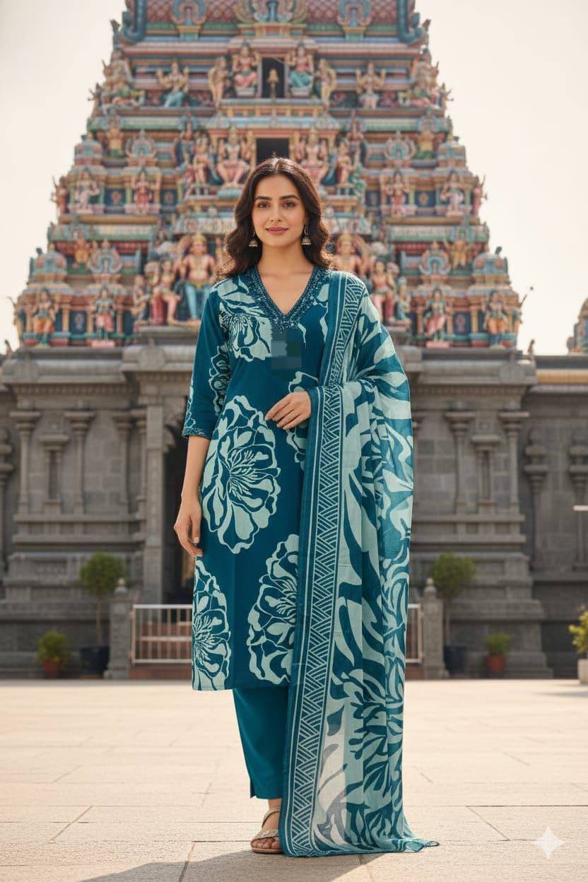 Premium Slub Cotton Kurti‑Pant‑Dupatta Set – Mirror Embroidery Neck