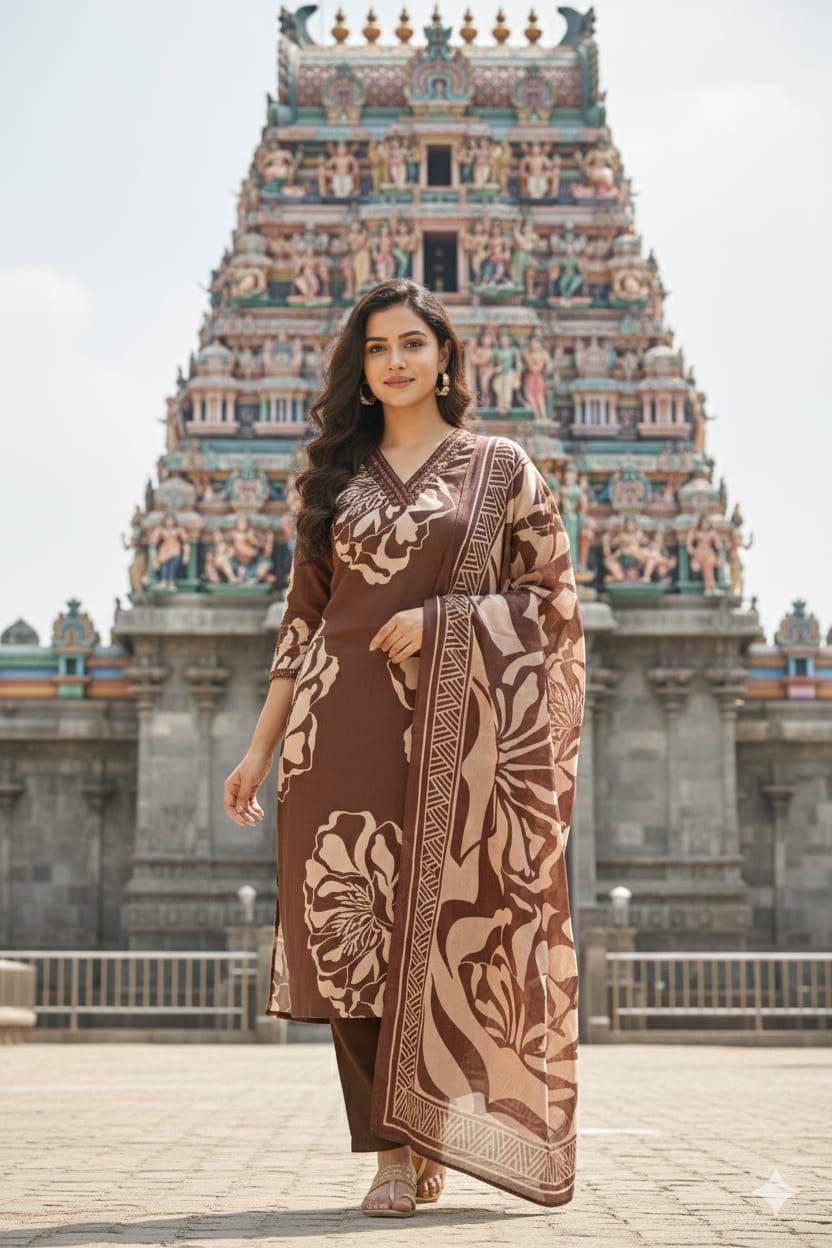 Premium Slub Cotton Kurti‑Pant‑Dupatta Set – Mirror Embroidery Neck