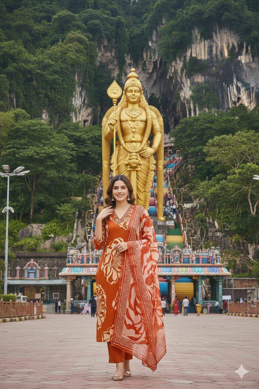 Premium Slub Cotton Kurti‑Pant‑Dupatta Set – Mirror Embroidery Neck