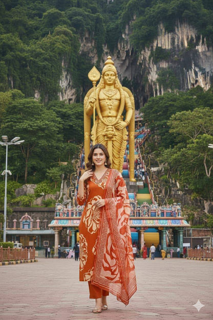 Premium Slub Cotton Kurti‑Pant‑Dupatta Set – Mirror Embroidery Neck