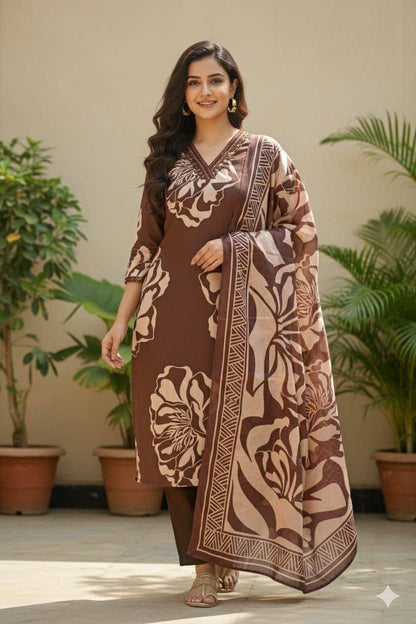 Premium Slub Cotton Kurti‑Pant‑Dupatta Set – Mirror Embroidery Neck