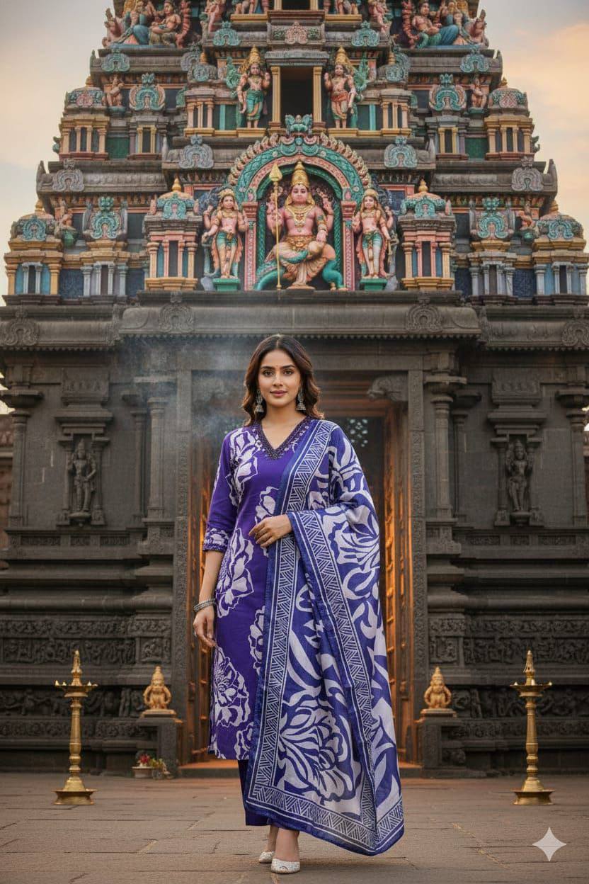 Premium Slub Cotton Kurti‑Pant‑Dupatta Set – Mirror Embroidery Neck