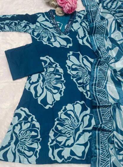 Premium Slub Cotton Kurti‑Pant‑Dupatta Set – Mirror Embroidery Neck