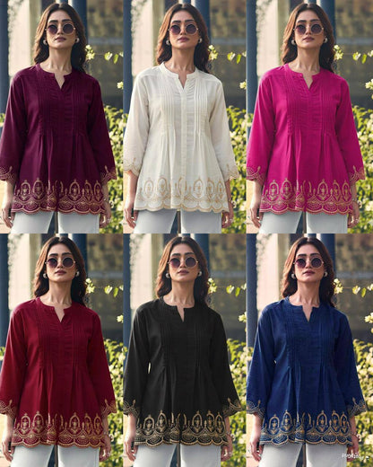 Premium Heavy Rayon Short Kurti – Pleated Pattern with Embroidery