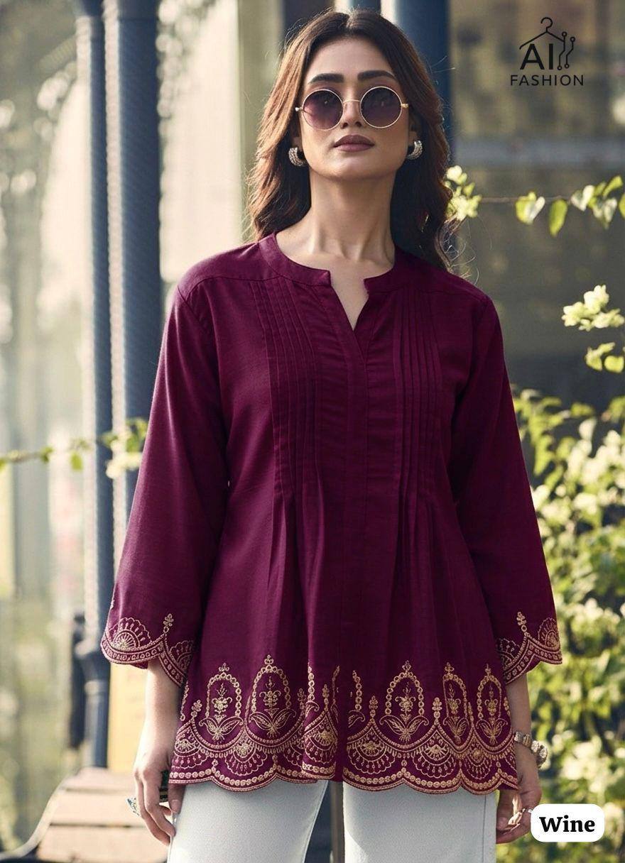 Premium Heavy Rayon Short Kurti – Pleated Pattern with Embroidery