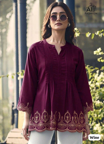 Premium Heavy Rayon Short Kurti – Pleated Pattern with Embroidery