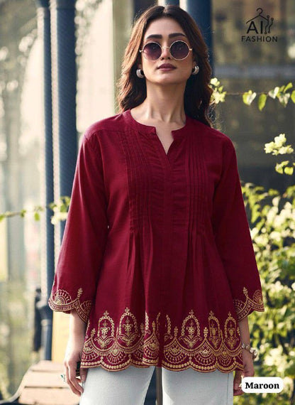 Premium Heavy Rayon Short Kurti – Pleated Pattern with Embroidery