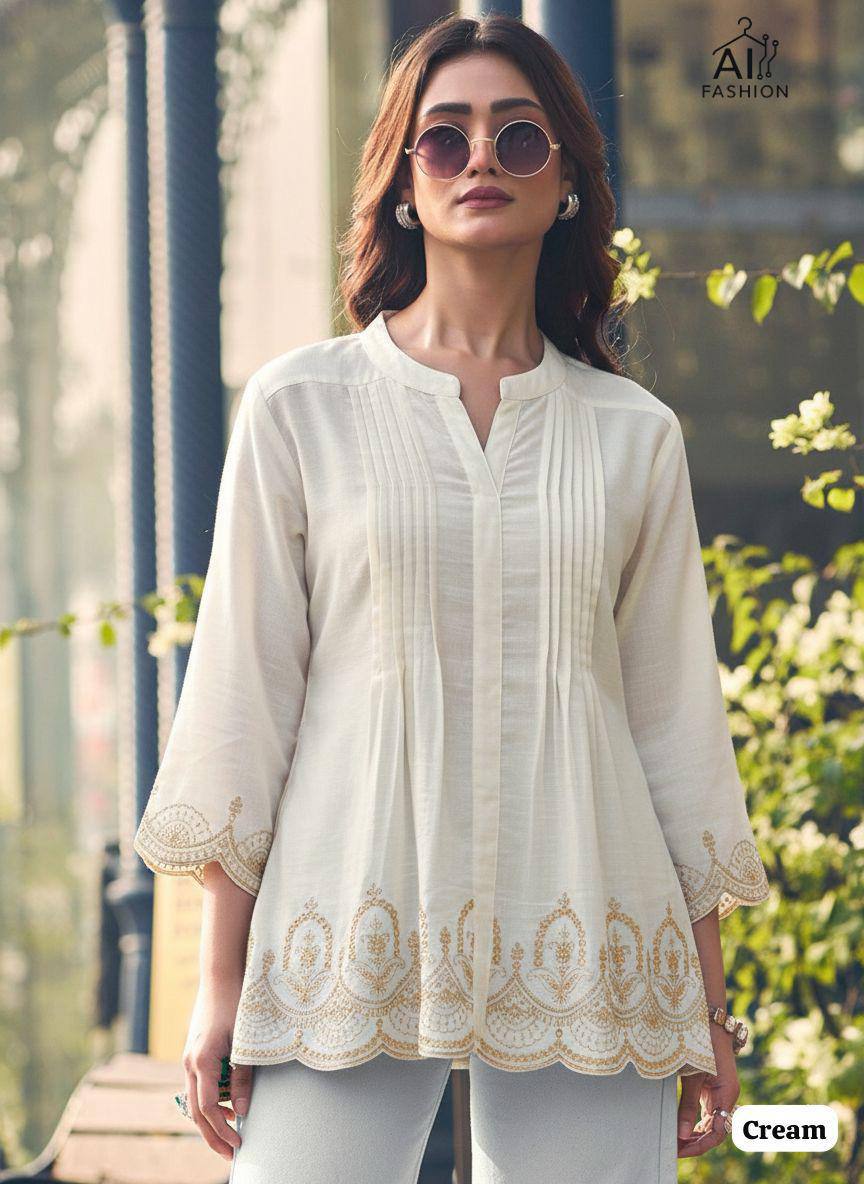 Premium Heavy Rayon Short Kurti – Pleated Pattern with Embroidery