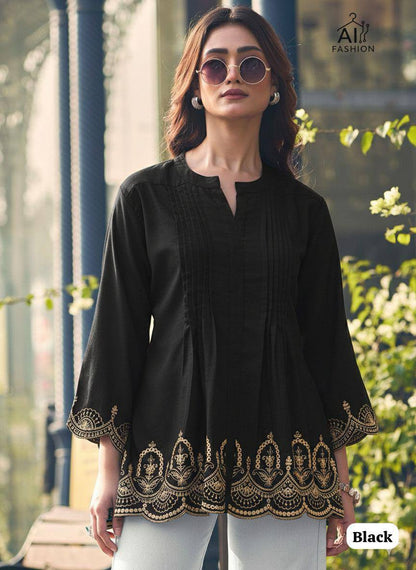Premium Heavy Rayon Short Kurti – Pleated Pattern with Embroidery