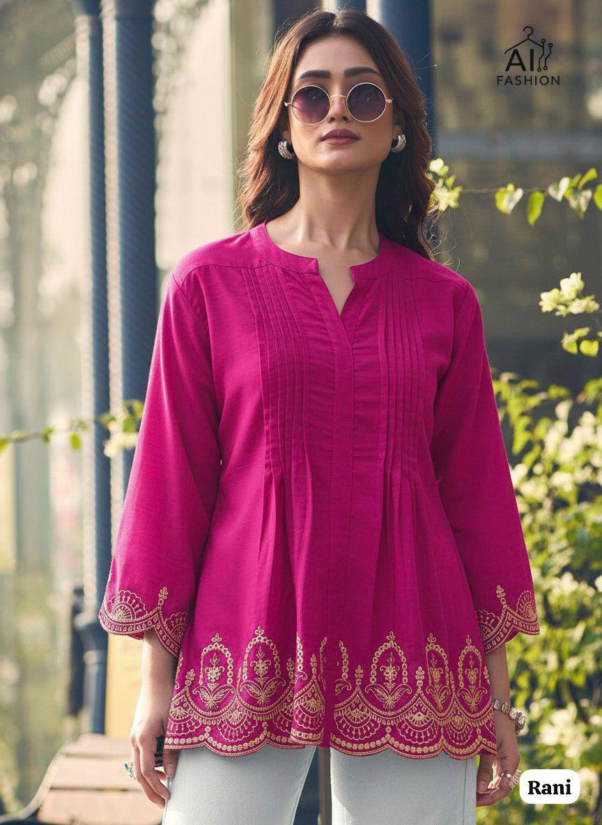 Premium Heavy Rayon Short Kurti – Pleated Pattern with Embroidery