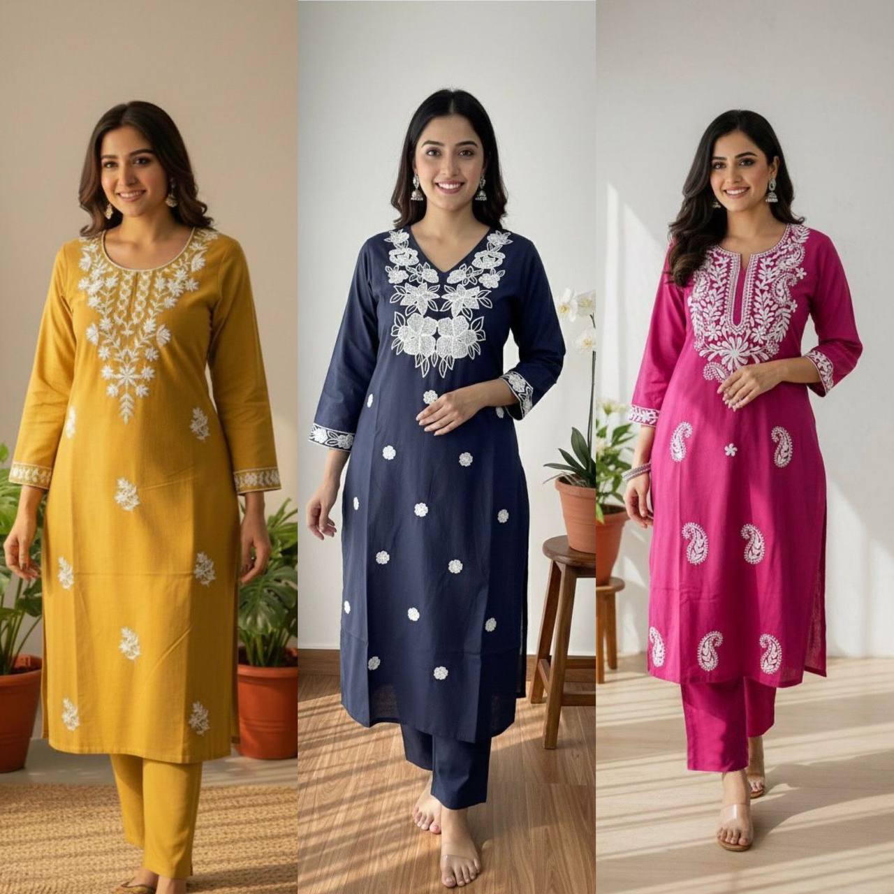 Premium Khadi Cotton Kurti‑Pant Set – Embroidery Work with Crepe Inner