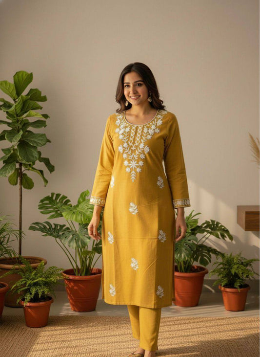 Premium Khadi Cotton Kurti‑Pant Set – Embroidery Work with Crepe Inner