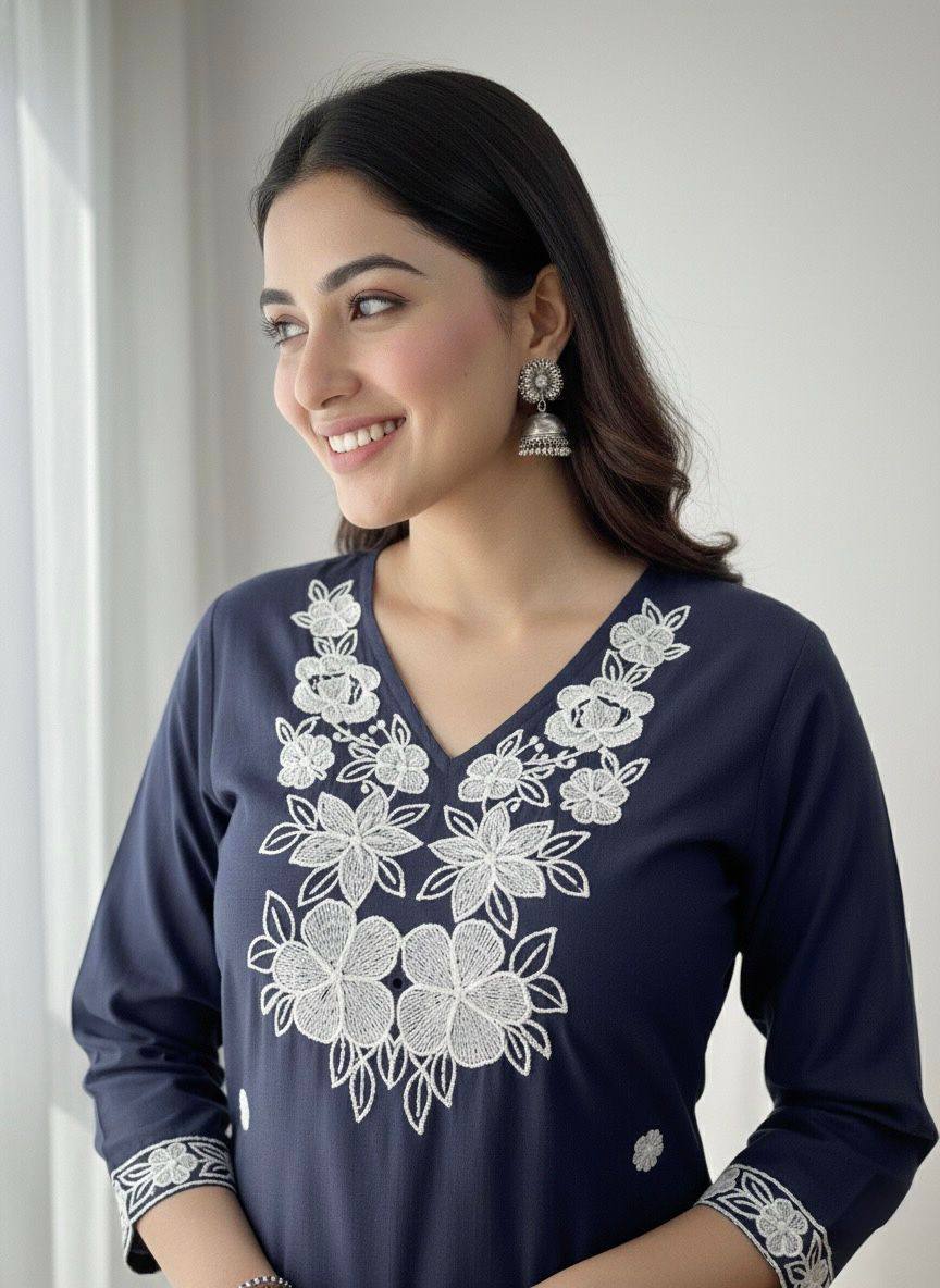 Premium Khadi Cotton Kurti‑Pant Set – Embroidery Work with Crepe Inner