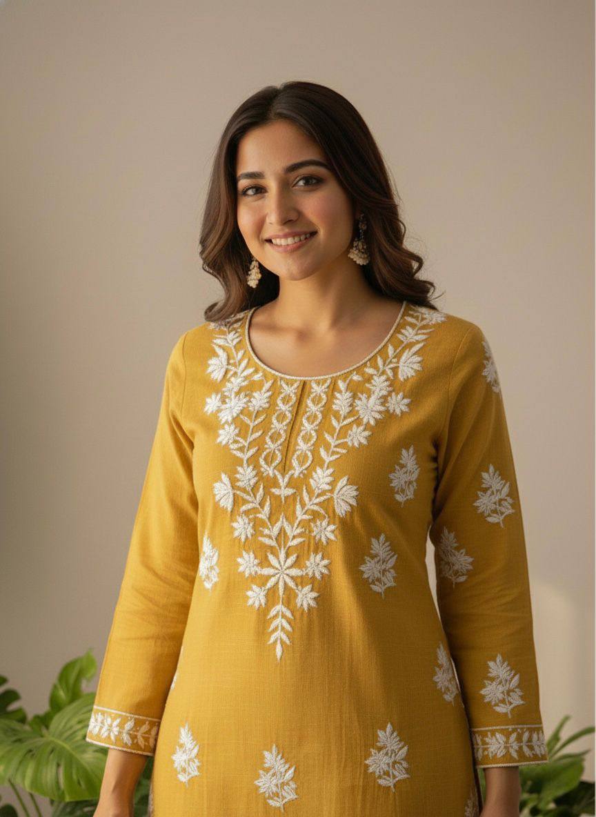 Premium Khadi Cotton Kurti‑Pant Set – Embroidery Work with Crepe Inner