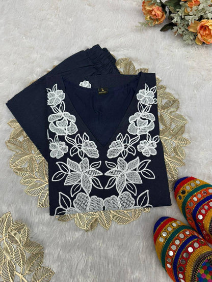 Premium Khadi Cotton Kurti‑Pant Set – Embroidery Work with Crepe Inner