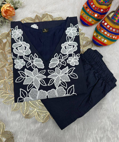 Premium Khadi Cotton Kurti‑Pant Set – Embroidery Work with Crepe Inner