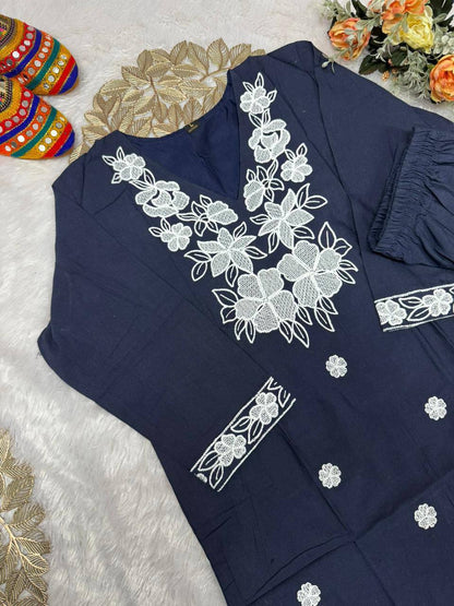 Premium Khadi Cotton Kurti‑Pant Set – Embroidery Work with Crepe Inner