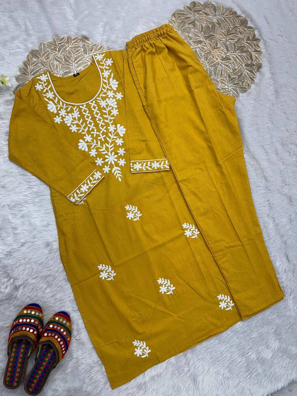 Premium Khadi Cotton Kurti‑Pant Set – Embroidery Work with Crepe Inner