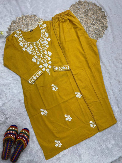 Premium Khadi Cotton Kurti‑Pant Set – Embroidery Work with Crepe Inner