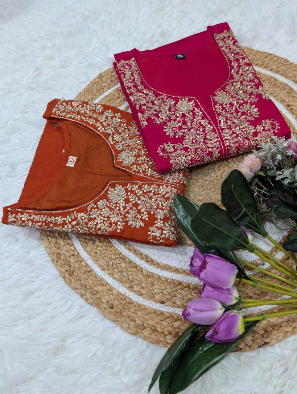 Premium Roman Silk Kurta‑Pant‑Dupatta Set – Sequins Embroidery with Chanderi Jacquard Dupatta