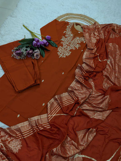 Premium Roman Silk Kurta‑Pant‑Dupatta Set – Sequins Embroidery with Chanderi Jacquard Dupatta