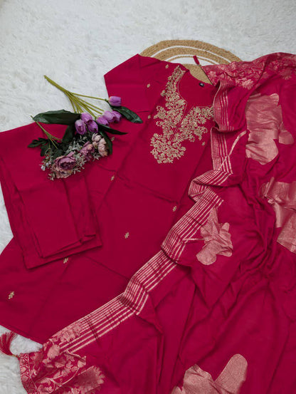 Premium Roman Silk Kurta‑Pant‑Dupatta Set – Sequins Embroidery with Chanderi Jacquard Dupatta