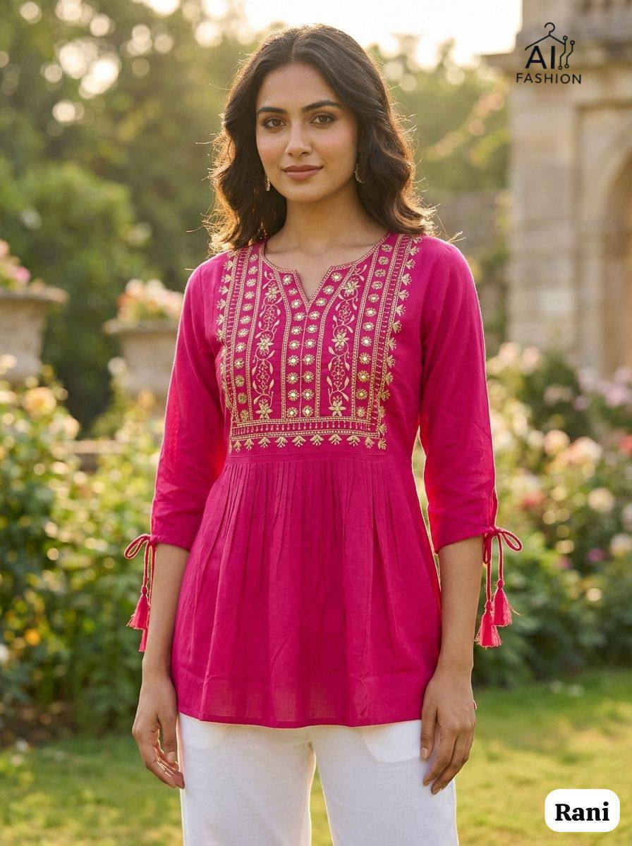 Premium Heavy Rayon Short Top – Embroidery Thread Work with Fancy Sleeves