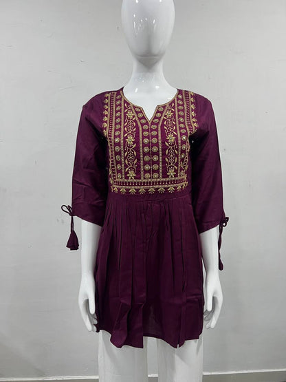 Premium Heavy Rayon Short Top – Embroidery Thread Work with Fancy Sleeves